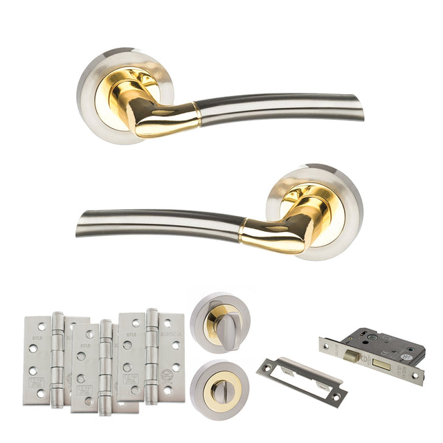 Quality image of STATUS Indiana Door Handle Pack (Bathroom Set - 2.5" CE Bathroom Lock, 4" Fire Rated Hinges x3) - Satin Nickel/Polished Brass | Sku. adps33rsnbp10 | available from Trade Door Handles.