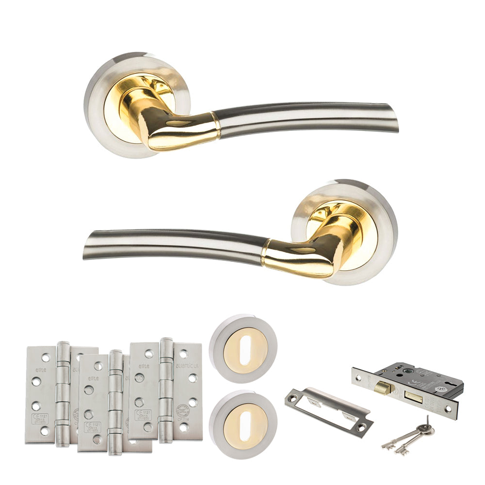 Quality image of STATUS Indiana Door Handle Pack (3 Lever Lock Set - 3" CE Sashlock, 4" Fire Rated Hinges x3) - Satin Nickel/Polished Brass | Sku. adps33rsnbp17 | available from Trade Door Handles.