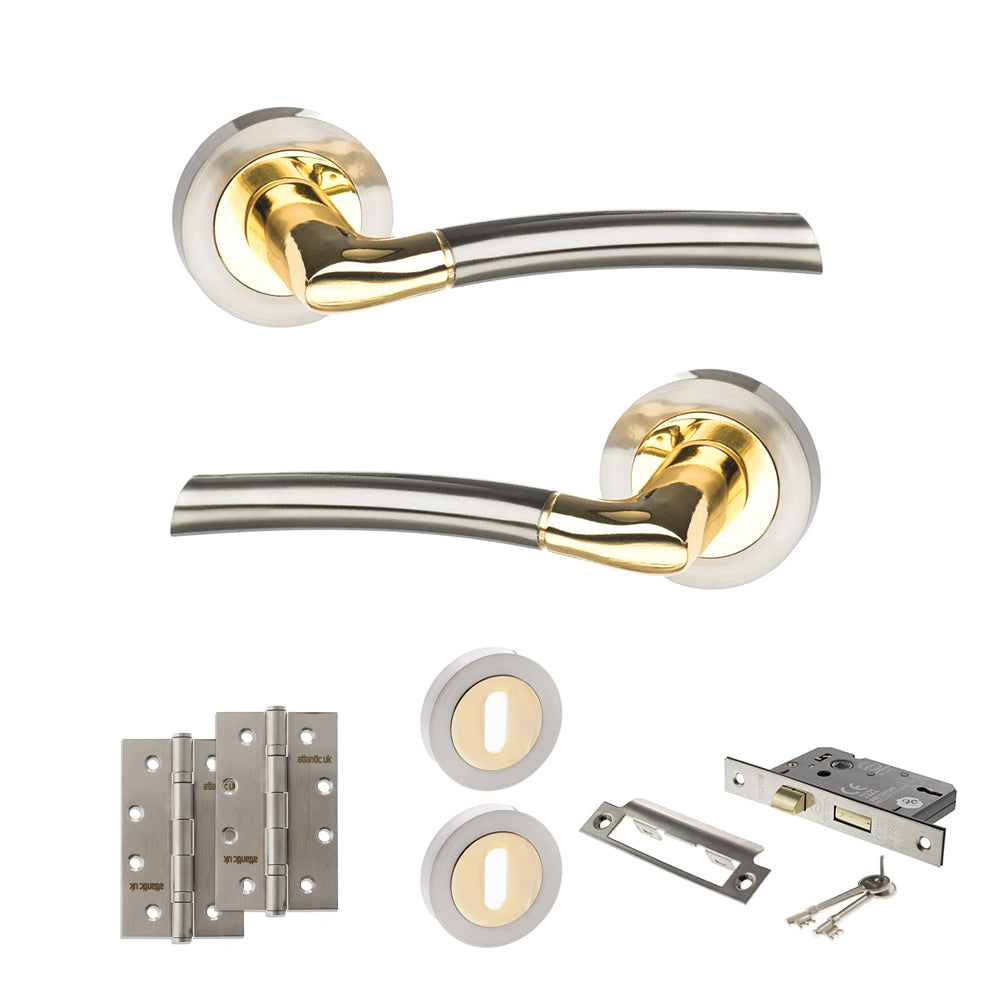 Quality image of STATUS Indiana Door Handle Pack (3 Lever Lock Set - 2.5" CE Sashlock, 4" Slim Knuckle Hinges x2) - Satin Nickel/Polished Brass | Sku. adps33rsnbp18 | available from Trade Door Handles.