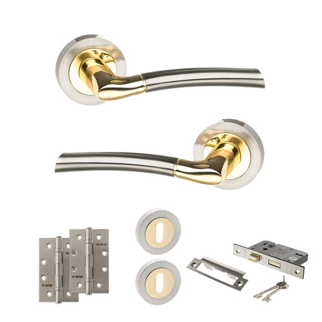 Quality image of STATUS Indiana Door Handle Pack (3 Lever Lock Set - 2.5" CE Sashlock, 4" Slim Knuckle Hinges x2) - Satin Nickel/Polished Brass | Sku. adps33rsnbp18 | available from Trade Door Handles.