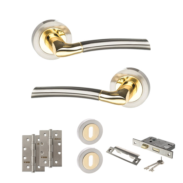 Quality image of STATUS Indiana Door Handle Pack (3 Lever Lock Set - 3" CE Sashlock, 4" Slim Knuckle Hinges x2) - Satin Nickel/Polished Brass | Sku. adps33rsnbp19 | available from Trade Door Handles.