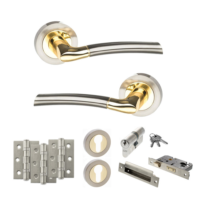 Quality image of STATUS Indiana Door Handle Pack (Euro Lock Set - 3" CE Sashlock, 3" Fire Rated Hinges x3) - Satin Nickel/Polished Brass | Sku. adps33rsnbp21 | available from Trade Door Handles.