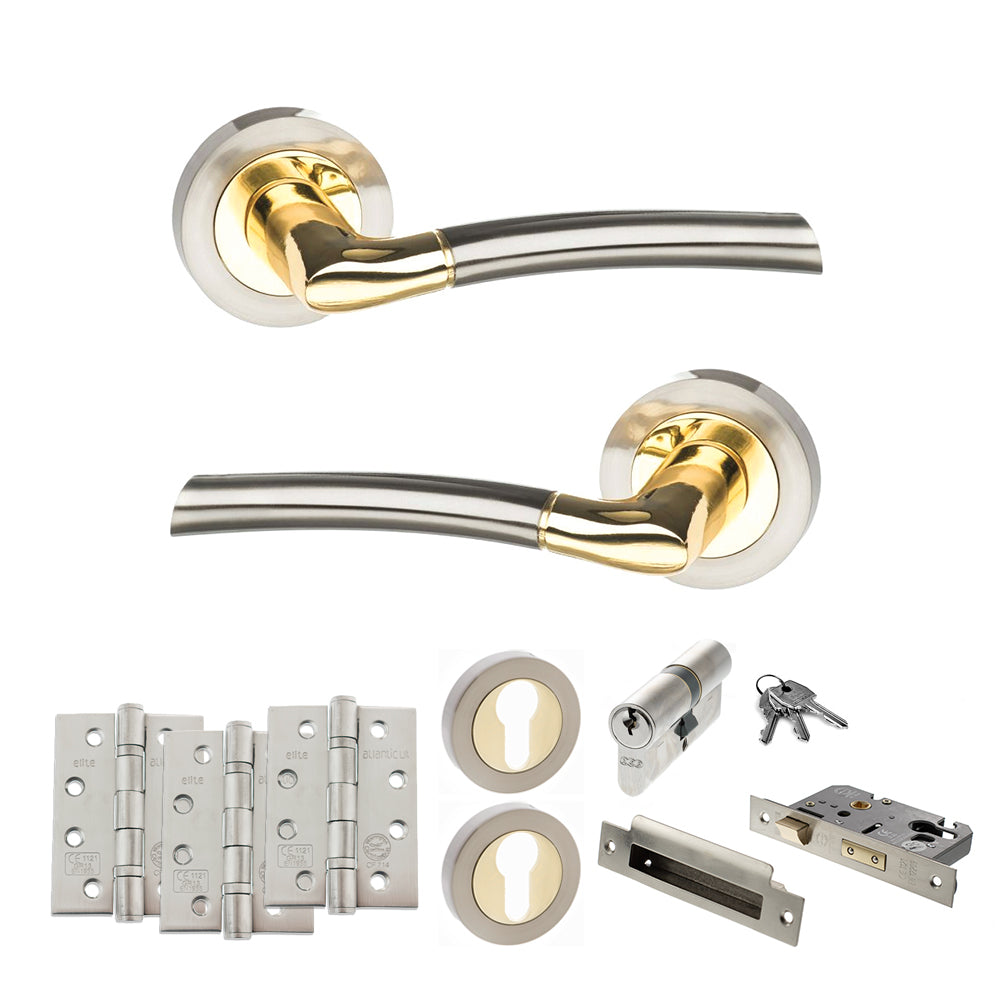 Quality image of STATUS Indiana Door Handle Pack (Euro Lock Set - 3" CE Sashlock, 4" Fire Rated Hinges x3) - Satin Nickel/Polished Brass | Sku. adps33rsnbp23 | available from Trade Door Handles.