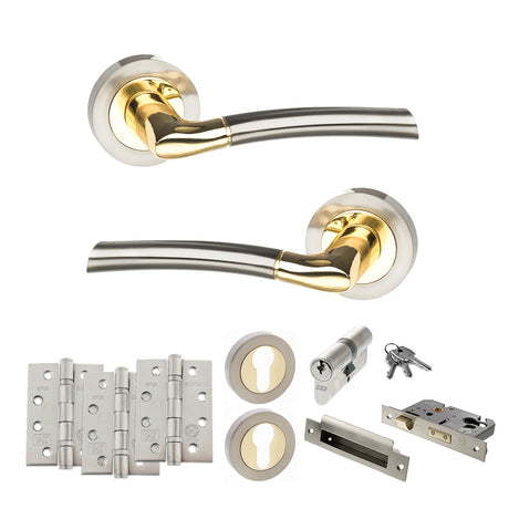 Quality image of STATUS Indiana Door Handle Pack (Euro Lock Set - 3" CE Sashlock, 4" Fire Rated Hinges x3) - Satin Nickel/Polished Brass | Sku. adps33rsnbp23 | available from Trade Door Handles.