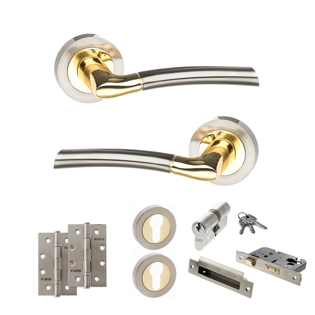Quality image of STATUS Indiana Door Handle Pack (Euro Lock Set - 2.5" CE Sashlock, 4" Slim Knuckle Hinges x2) - Satin Nickel/Polished Brass | Sku. adps33rsnbp24 | available from Trade Door Handles.