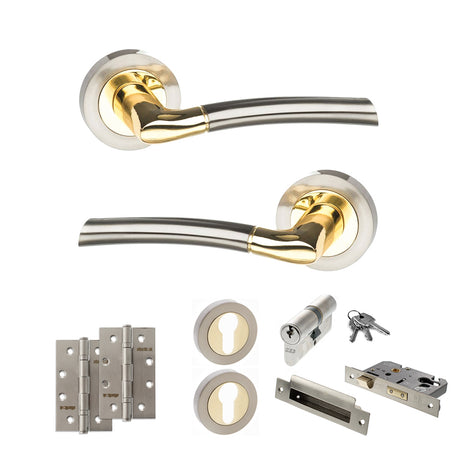 Quality image of STATUS Indiana Door Handle Pack (Euro Lock Set - 3" CE Sashlock, 4" Slim Knuckle Hinges x2) - Satin Nickel/Polished Brass | Sku. adps33rsnbp25 | available from Trade Door Handles.