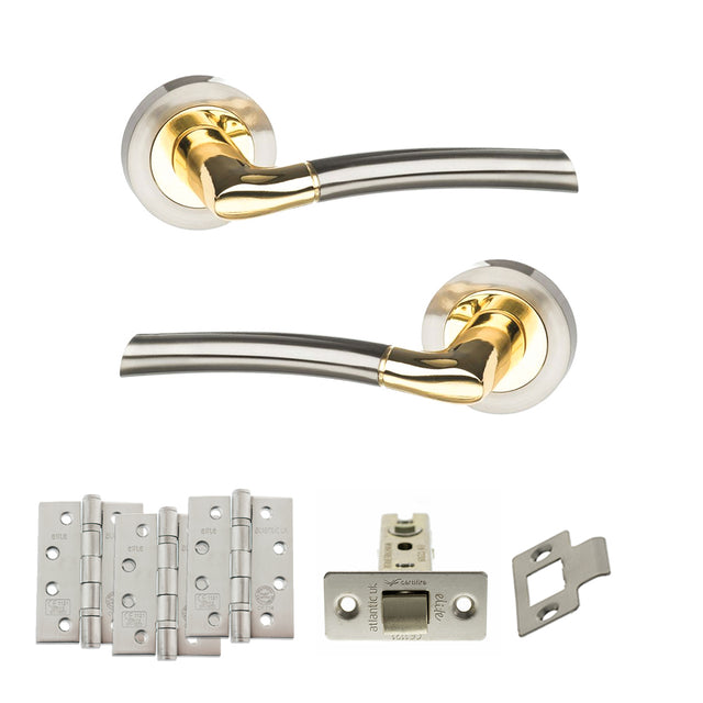 Quality image of STATUS Indiana Door Handle Pack (Latch Set - 2.5" CE Latch, 4" Fire Rated Hinges x3) - Satin Nickel/Polished Brass | Sku. adps33rsnbp3 | available from Trade Door Handles.