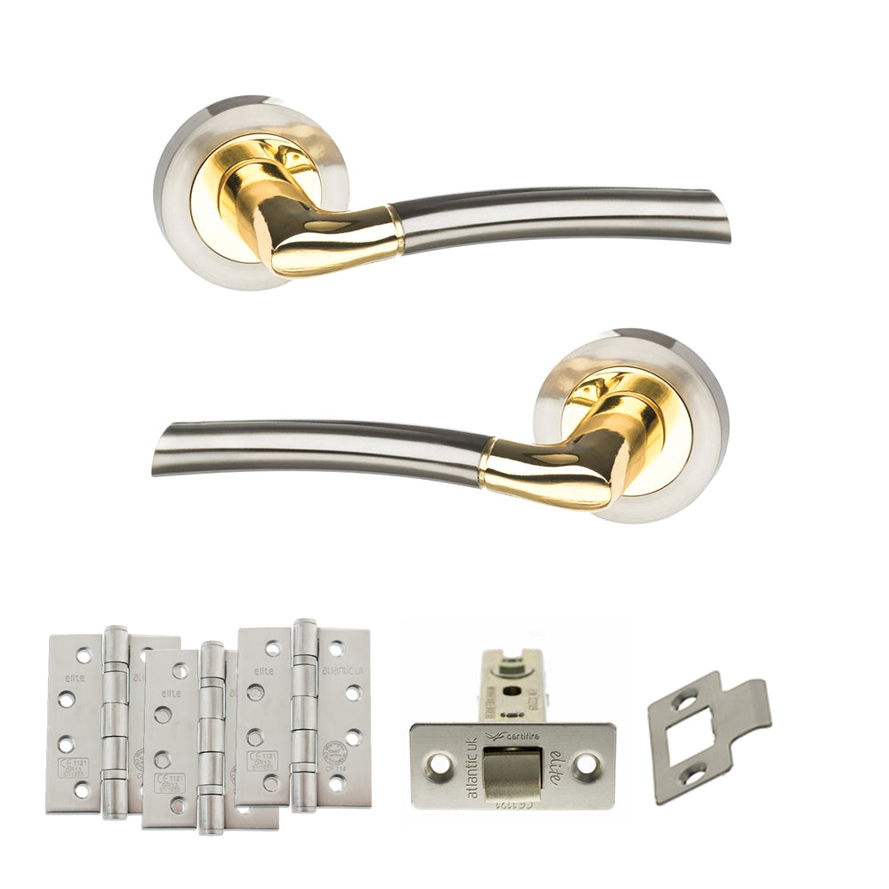 Quality image of STATUS Indiana Door Handle Pack (Latch Set - 3" CE Latch, 4" Fire Rated Hinges x3) - Satin Nickel/Polished Brass | Sku. adps33rsnbp4 | available from Trade Door Handles.