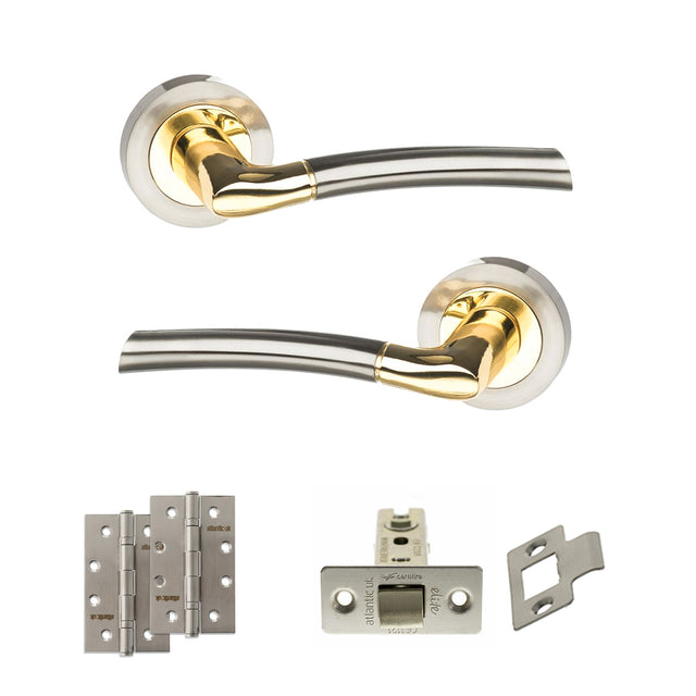 Quality image of STATUS Indiana Door Handle Pack (Latch Set - 2.5" CE Latch, 4" Slim Knuckle Hinges x2) - Satin Nickel/Polished Brass | Sku. adps33rsnbp5 | available from Trade Door Handles.