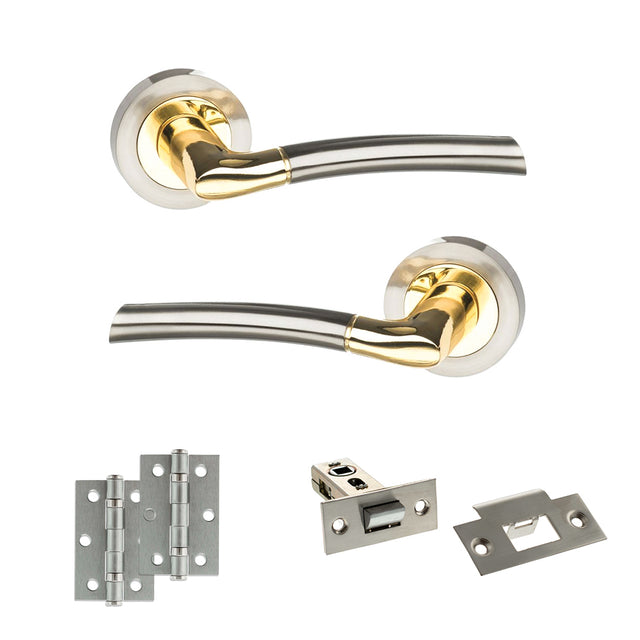 Quality image of STATUS Indiana Door Handle Pack (Latch Set - 2.5" Latch, 3" Hinges x2) - Satin Nickel/Polished Brass | Sku. adps33rsnbp7 | available from Trade Door Handles.
