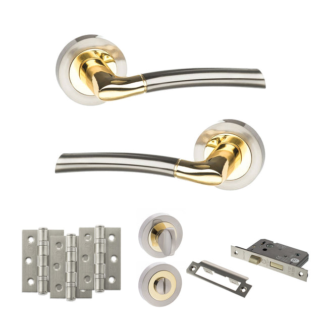 Quality image of STATUS Indiana Door Handle Pack (Bathroom Set - 3" CE Bathroom Lock, 3" Fire Rated Hinges x3) - Satin Nickel/Polished Brass | Sku. adps33rsnbp9 | available from Trade Door Handles.