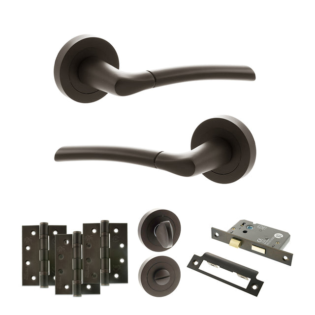 Quality image of STATUS Indiana Door Handle Pack (Bathroom Set - 2.5" CE Bathroom Lock, 4" Fire Rated Hinges x3) - Urban Dark Bronze | Sku. adps33rudb10 | available from Trade Door Handles.
