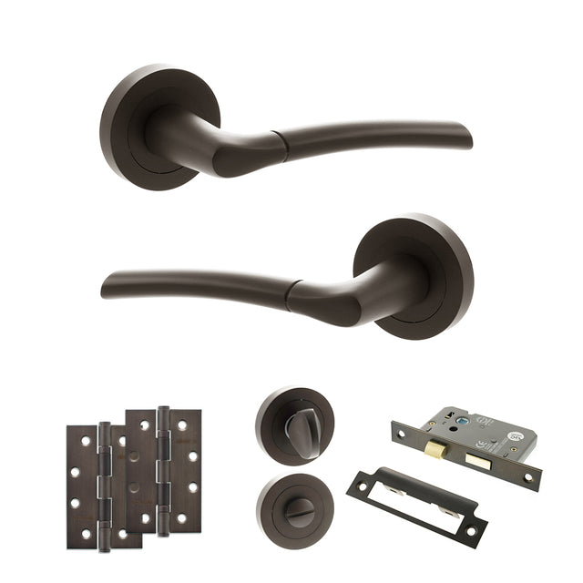 Quality image of STATUS Indiana Door Handle Pack (Bathroom Set - 2.5" CE Bathroom Lock, 4" Slim Knuckle Hinges x2) - Urban Dark Bronze | Sku. adps33rudb12 | available from Trade Door Handles.