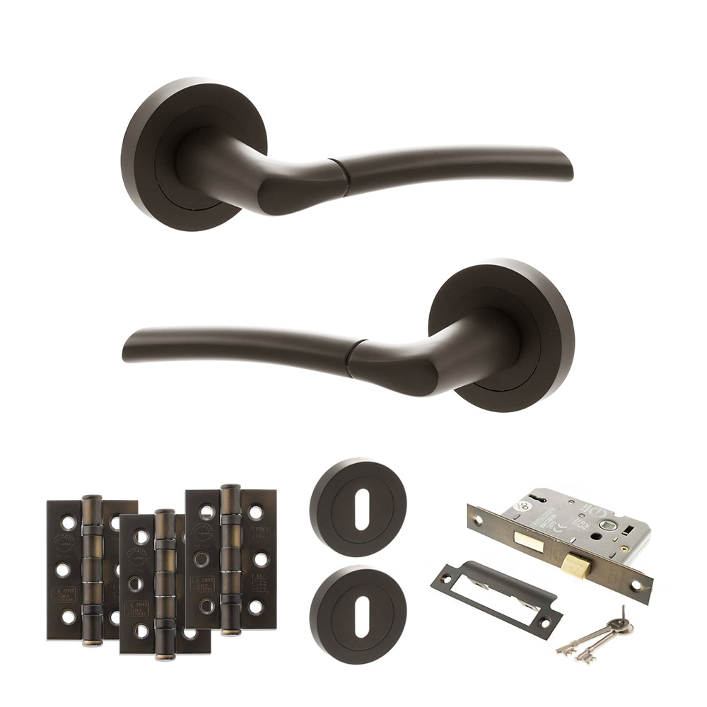 Quality image of STATUS Indiana Door Handle Pack (3 Lever Lock Set - 2.5" CE Sashlock, 3" Fire Rated Hinges x3) - Urban Dark Bronze | Sku. adps33rudb14 | available from Trade Door Handles.