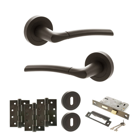 Quality image of STATUS Indiana Door Handle Pack (3 Lever Lock Set - 3" CE Sashlock, 4" Fire Rated Hinges x3) - Urban Dark Bronze | Sku. adps33rudb17 | available from Trade Door Handles.