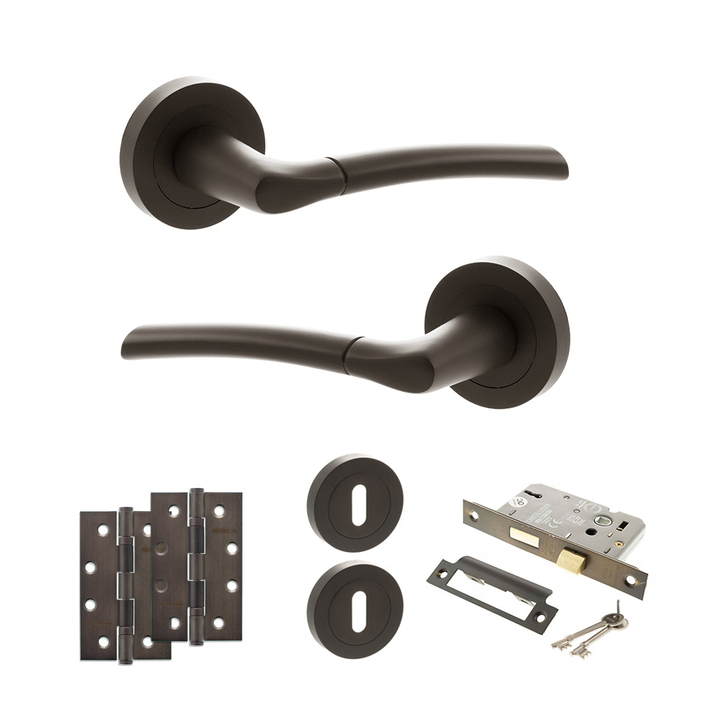 Quality image of STATUS Indiana Door Handle Pack (3 Lever Lock Set - 2.5" CE Sashlock, 4" Slim Knuckle Hinges x2) - Urban Dark Bronze | Sku. adps33rudb18 | available from Trade Door Handles.