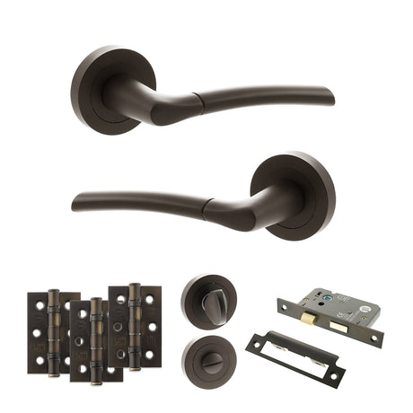 Quality image of STATUS Indiana Door Handle Pack (Bathroom Set - 2.5" CE Bathroom Lock, 3" Fire Rated Hinges x3) - Urban Dark Bronze | Sku. adps33rudb8 | available from Trade Door Handles.