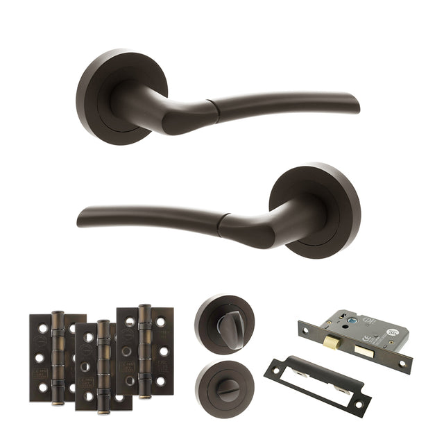 Quality image of STATUS Indiana Door Handle Pack (Bathroom Set - 2.5" CE Bathroom Lock, 3" Fire Rated Hinges x3) - Urban Dark Bronze | Sku. adps33rudb8 | available from Trade Door Handles.