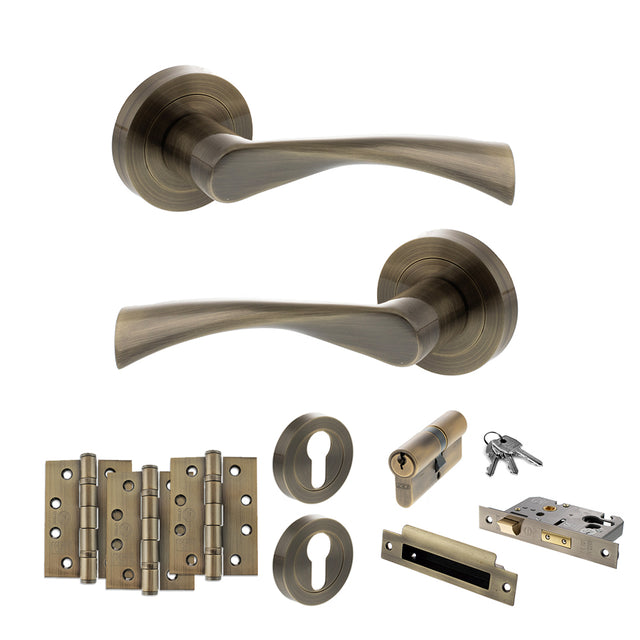 Quality image of STATUS Colorado Door Handle Pack (Euro Lock Set - 3" CE Sashlock, 4" Fire Rated Hinges x3) - Antique Brass | Sku. adps34rab23 | available from Trade Door Handles.