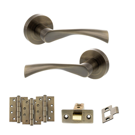 Quality image of STATUS Colorado Door Handle Pack (Latch Set - 3" CE Latch, 4" Fire Rated Hinges x3) - Antique Brass | Sku. adps34rab4 | available from Trade Door Handles.