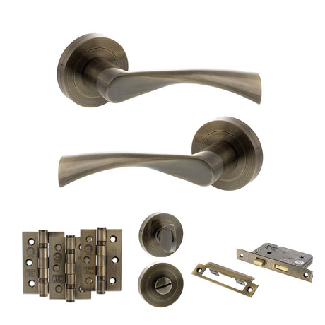 Quality image of STATUS Colorado Door Handle Pack (Bathroom Set - 3" CE Bathroom Lock, 3" Fire Rated Hinges x3) - Antique Brass | Sku. adps34rab9 | available from Trade Door Handles.