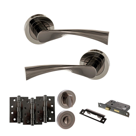 Quality image of STATUS Colorado Door Handle Pack (Bathroom Set - 2.5" CE Bathroom Lock, 4" Fire Rated Hinges x3) - Black Nickel | Sku. adps34rbn10 | available from Trade Door Handles.