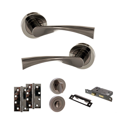 Quality image of STATUS Colorado Door Handle Pack (Bathroom Set - 3" CE Bathroom Lock, 4" Slim Knuckle Hinges x2) - Black Nickel | Sku. adps34rbn13 | available from Trade Door Handles.