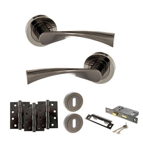 Quality image of STATUS Colorado Door Handle Pack (3 Lever Lock Set - 3" CE Sashlock, 4" Fire Rated Hinges x3) - Black Nickel | Sku. adps34rbn17 | available from Trade Door Handles.
