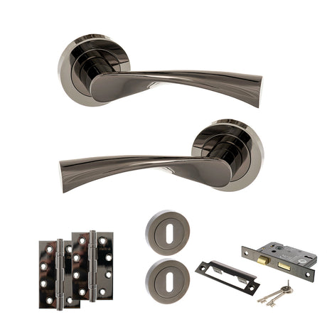 Quality image of STATUS Colorado Door Handle Pack (3 Lever Lock Set - 2.5" CE Sashlock, 4" Slim Knuckle Hinges x2) - Black Nickel | Sku. adps34rbn18 | available from Trade Door Handles.