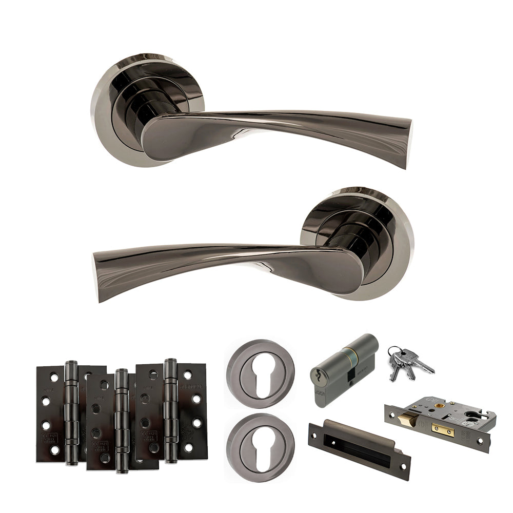 Quality image of STATUS Colorado Door Handle Pack (Euro Lock Set - 2.5" CE Sashlock, 4" Fire Rated Hinges x3) - Black Nickel | Sku. adps34rbn22 | available from Trade Door Handles.