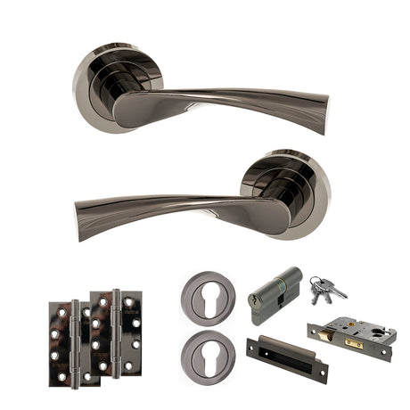 Quality image of STATUS Colorado Door Handle Pack (Euro Lock Set - 3" CE Sashlock, 4" Slim Knuckle Hinges x2) - Black Nickel | Sku. adps34rbn25 | available from Trade Door Handles.