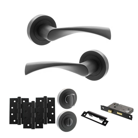Quality image of STATUS Colorado Door Handle Pack (Bathroom Set - 3" CE Bathroom Lock, 4" Fire Rated Hinges x3) - Matt Black | Sku. adps34rmb11 | available from Trade Door Handles.