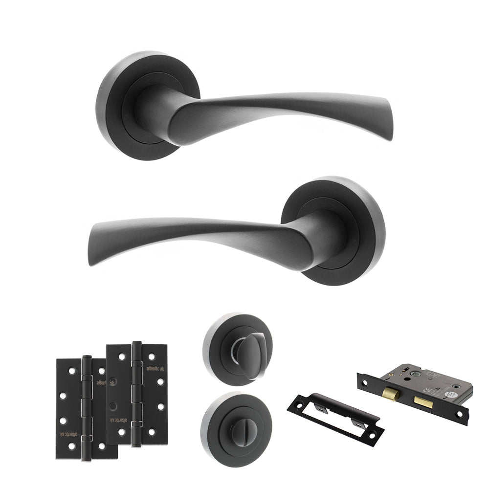 Quality image of STATUS Colorado Door Handle Pack (Bathroom Set - 2.5" CE Bathroom Lock, 4" Slim Knuckle Hinges x2) - Matt Black | Sku. adps34rmb12 | available from Trade Door Handles.