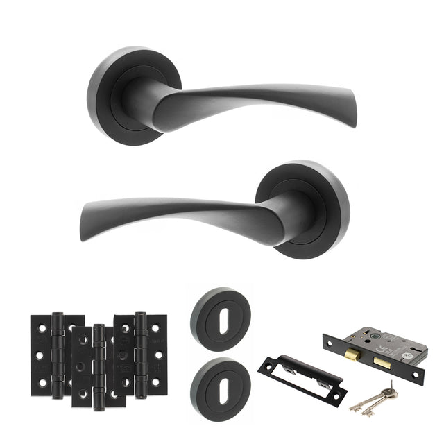 Quality image of STATUS Colorado Door Handle Pack (3 Lever Lock Set - 2.5" CE Sashlock, 3" Fire Rated Hinges x3) - Matt Black | Sku. adps34rmb14 | available from Trade Door Handles.