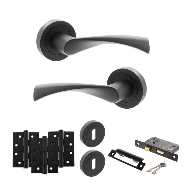 Quality image of STATUS Colorado Door Handle Pack (3 Lever Lock Set - 2.5" CE Sashlock, 4" Fire Rated Hinges x3) - Matt Black | Sku. adps34rmb16 | available from Trade Door Handles.