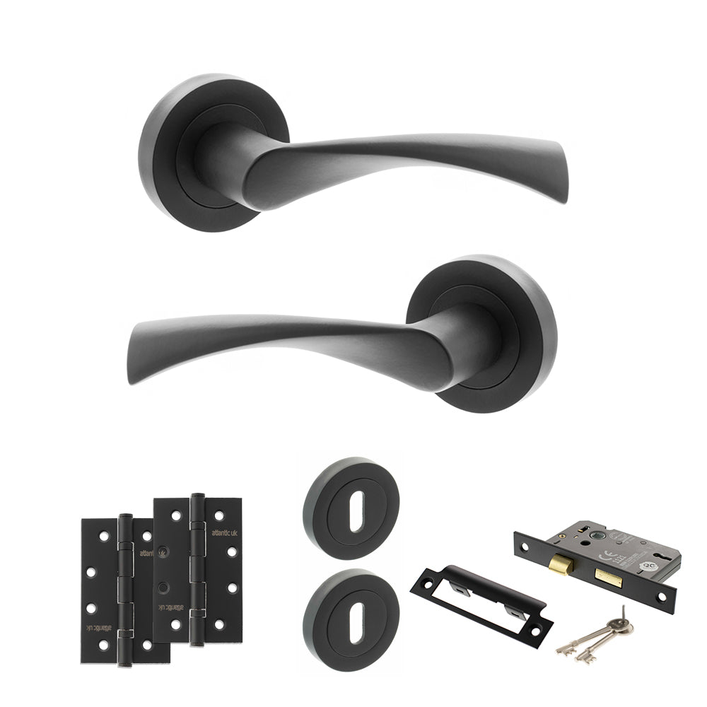 Quality image of STATUS Colorado Door Handle Pack (3 Lever Lock Set - 2.5" CE Sashlock, 4" Slim Knuckle Hinges x2) - Matt Black | Sku. adps34rmb18 | available from Trade Door Handles.