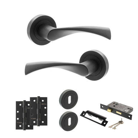 Quality image of STATUS Colorado Door Handle Pack (3 Lever Lock Set - 2.5" CE Sashlock, 4" Slim Knuckle Hinges x2) - Matt Black | Sku. adps34rmb18 | available from Trade Door Handles.