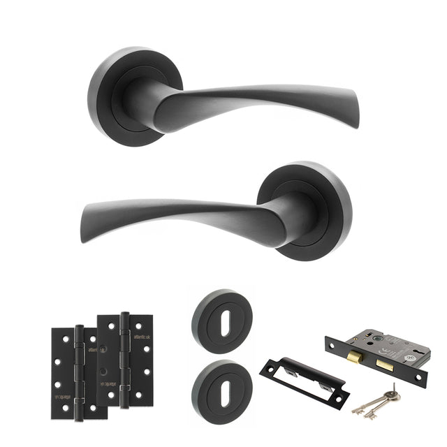 Quality image of STATUS Colorado Door Handle Pack (3 Lever Lock Set - 2.5" CE Sashlock, 4" Slim Knuckle Hinges x2) - Matt Black | Sku. adps34rmb18 | available from Trade Door Handles.