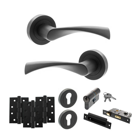 Quality image of STATUS Colorado Door Handle Pack (Euro Lock Set - 3" CE Sashlock, 4" Fire Rated Hinges x3) - Matt Black | Sku. adps34rmb23 | available from Trade Door Handles.