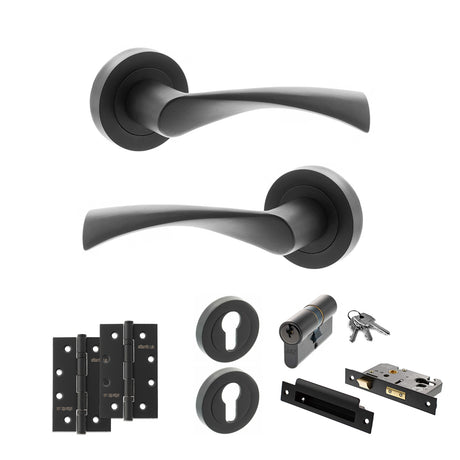 Quality image of STATUS Colorado Door Handle Pack (Euro Lock Set - 3" CE Sashlock, 4" Slim Knuckle Hinges x2) - Matt Black | Sku. adps34rmb25 | available from Trade Door Handles.