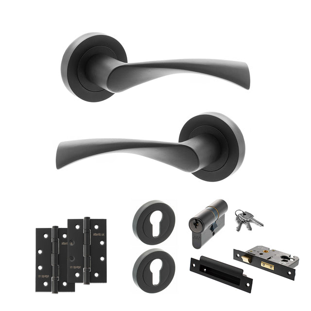 Quality image of STATUS Colorado Door Handle Pack (Euro Lock Set - 3" CE Sashlock, 4" Slim Knuckle Hinges x2) - Matt Black | Sku. adps34rmb25 | available from Trade Door Handles.