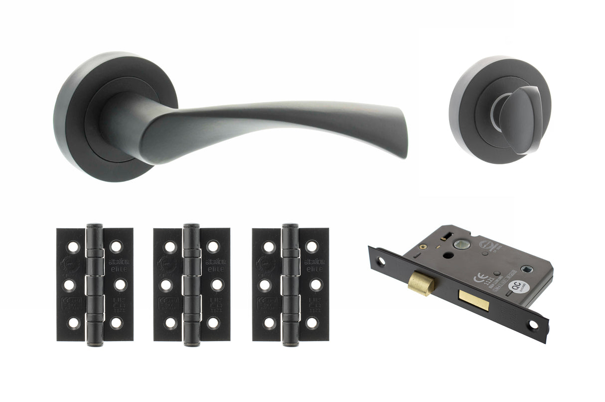 Quality image of STATUS Colorado Door Handle Pack (Bathroom Set - 3" CE Bathroom Lock, 3" Fire Rated Hinges x3) - Matt Black | Sku. adps34rmb9 | available from Trade Door Handles.