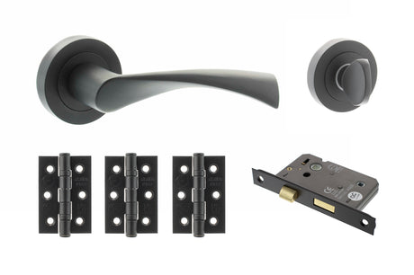 Quality image of STATUS Colorado Door Handle Pack (Bathroom Set - 3" CE Bathroom Lock, 3" Fire Rated Hinges x3) - Matt Black | Sku. adps34rmb9 | available from Trade Door Handles.