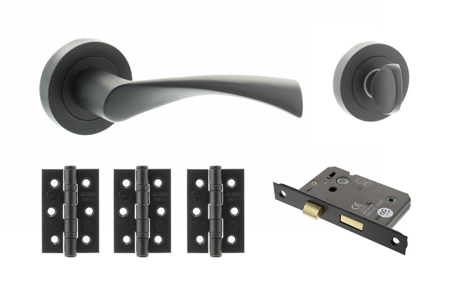Quality image of STATUS Colorado Door Handle Pack (Bathroom Set - 3" CE Bathroom Lock, 3" Fire Rated Hinges x3) - Matt Black | Sku. adps34rmb9 | available from Trade Door Handles.