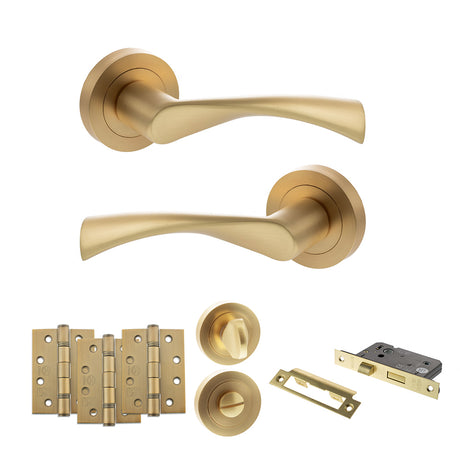 Quality image of STATUS Colorado Door Handle Pack (Bathroom Set - 2.5" CE Bathroom Lock, 4" Fire Rated Hinges x3) - Satin Brass | Sku. adps34rsb10 | available from Trade Door Handles.