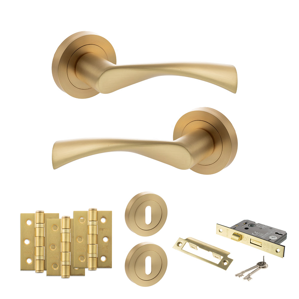 Quality image of STATUS Colorado Door Handle Pack (3 Lever Lock Set - 2.5" CE Sashlock, 3" Fire Rated Hinges x3) - Satin Brass | Sku. adps34rsb14 | available from Trade Door Handles.