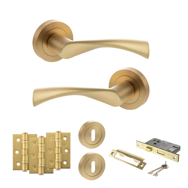 Quality image of STATUS Colorado Door Handle Pack (3 Lever Lock Set - 3" CE Sashlock, 3" Fire Rated Hinges x3) - Satin Brass | Sku. adps34rsb15 | available from Trade Door Handles.