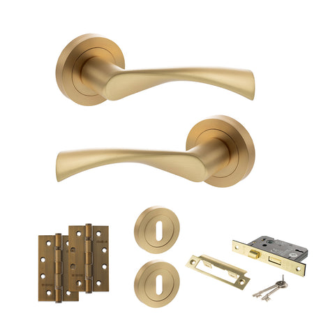 Quality image of STATUS Colorado Door Handle Pack (3 Lever Lock Set - 2.5" CE Sashlock, 4" Slim Knuckle Hinges x2) - Satin Brass | Sku. adps34rsb18 | available from Trade Door Handles.