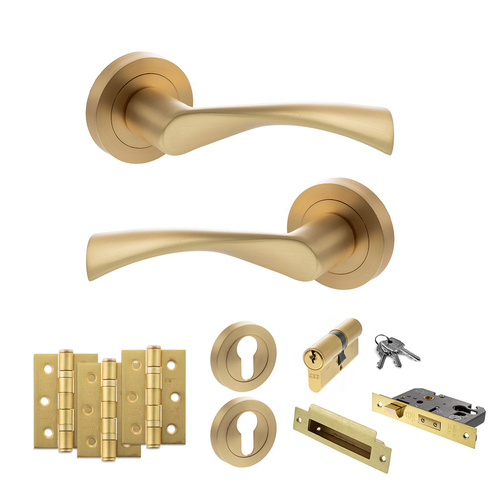 Quality image of STATUS Colorado Door Handle Pack (Euro Lock Set - 2.5" CE Sashlock, 3" Fire Rated Hinges x3) - Satin Brass | Sku. adps34rsb20 | available from Trade Door Handles.