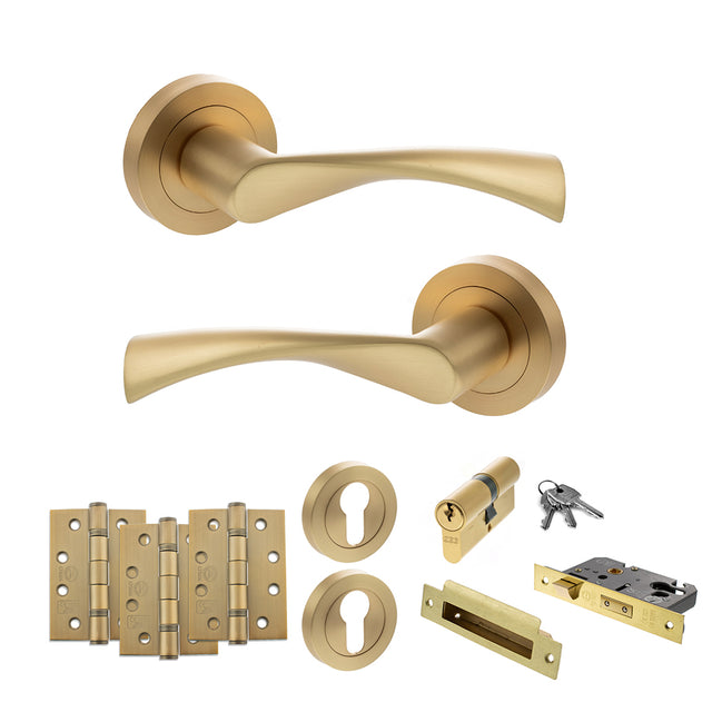 Quality image of STATUS Colorado Door Handle Pack (Euro Lock Set - 3" CE Sashlock, 4" Fire Rated Hinges x3) - Satin Brass | Sku. adps34rsb23 | available from Trade Door Handles.
